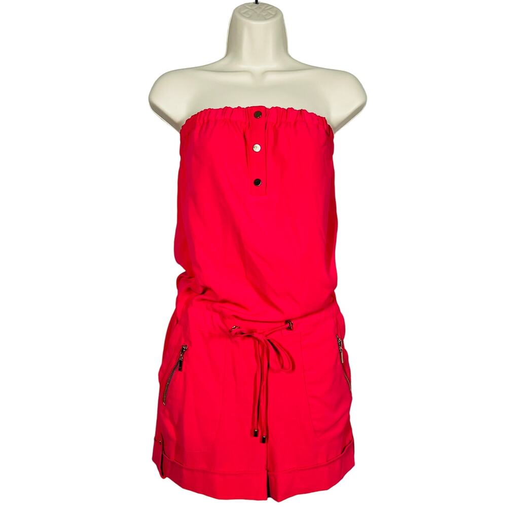 Cache Hot Pink Strapless Romper Casual Gold Zip Pocket Button Front - XS